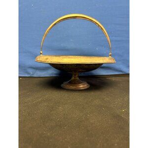 Antique Brass Pedestal Basket With Handle & Etched Floral Design